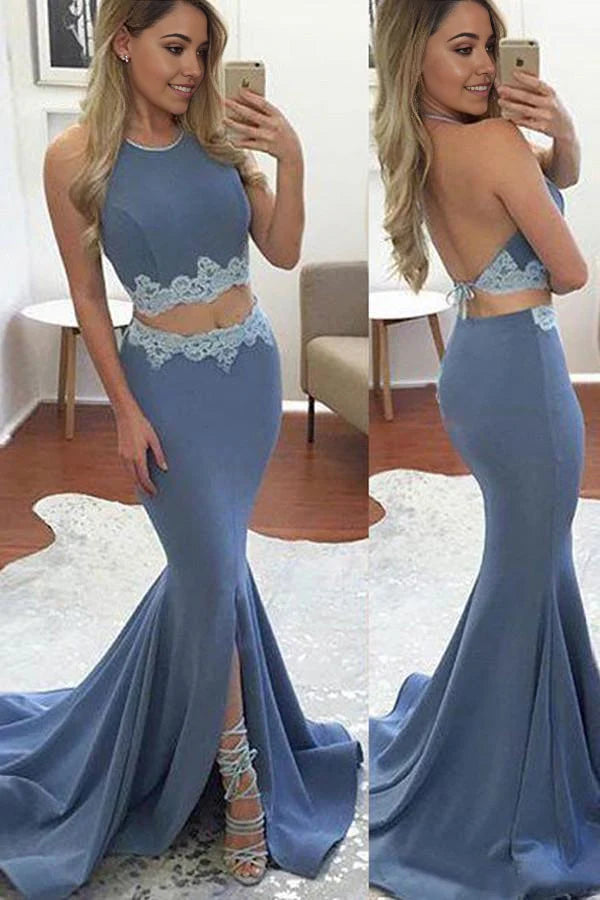 Vestido de fiesta elegante de sirena con abertura frontal color lavanda y cola larga